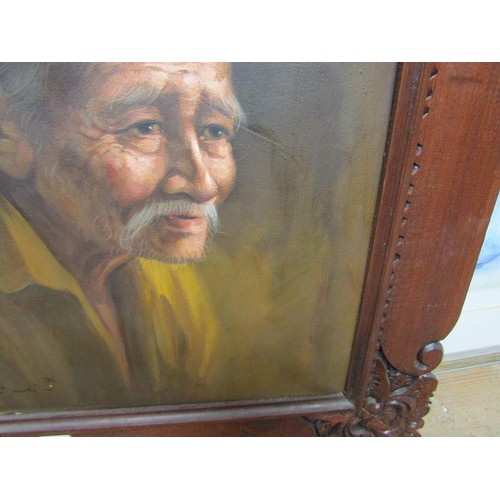 1091 - SIGNED INDISTINCTLY - PORTRAIT OF AN ORIENTAL GENTLEMAN, OIL ON CANVAS, FRAMED, 49CM X 39CM