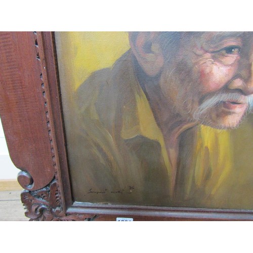 1091 - SIGNED INDISTINCTLY - PORTRAIT OF AN ORIENTAL GENTLEMAN, OIL ON CANVAS, FRAMED, 49CM X 39CM