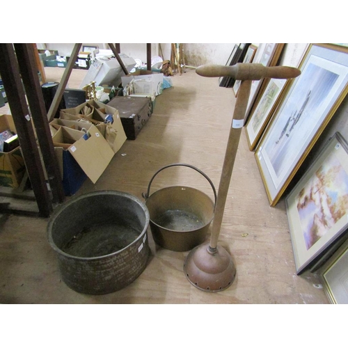 190 - BOX OF METALWARE AND OLD WASHING DOLLY