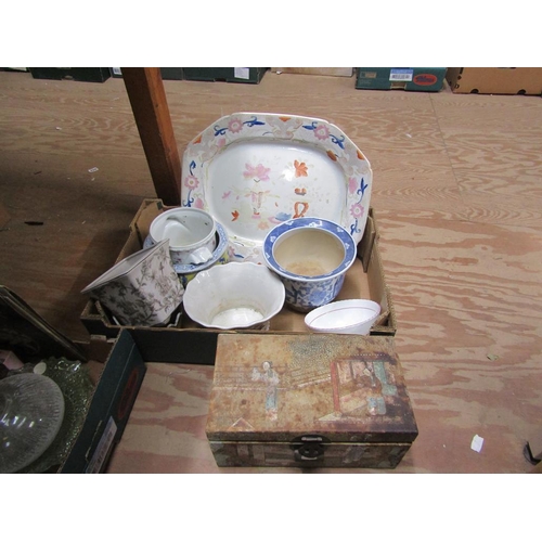 307 - BOX OF MIXED CERAMICS, ORIENTAL BOX