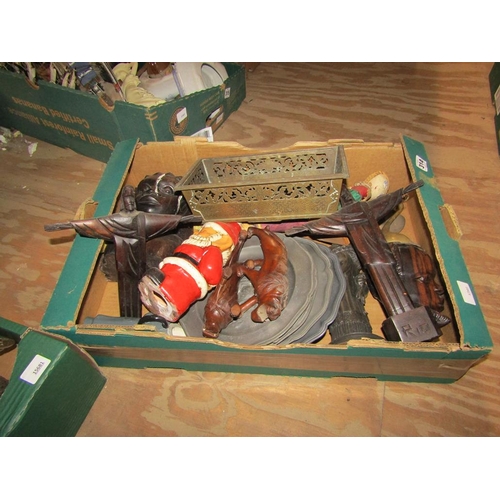 314 - BOX TO INCL RELIGIOUS ARTEFACTS, PLANTER, PEWTER PLATES ETC