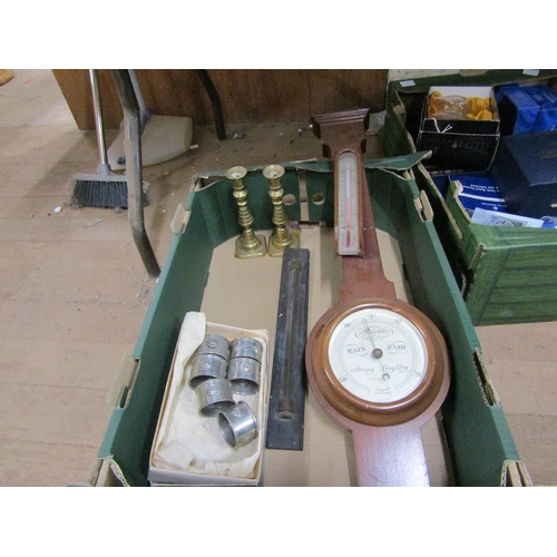 355 - BAROMETER, VICTORIAN CANDLESTICKS, NAPKIN RINGS