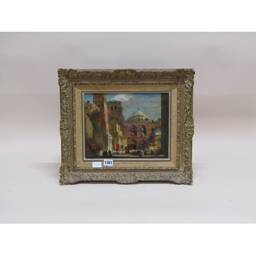 1301 - SIGNED IN MONO FB FOR FRANK BRANGWYN - PROCESSION, OIL ON BOARD, FRAMED, 23CM X 29CM