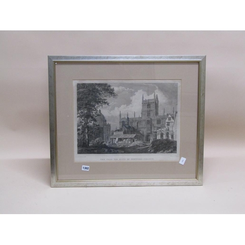 1302 - F MACKENZI 1820 - VIEW THE RUINS OF HERTFORD COLLEGE, B&W ENGRAVING, F/G, 36CM X 46CM