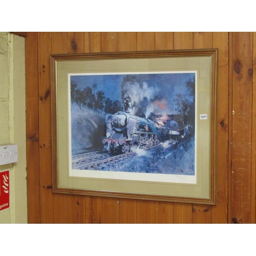 1311 - TERENCE CUNEO - NIGHTIME EXPRESS 35027, COLOURED PRINT, F/G, SIGNED IN PENCIL, 50CM X 60CM