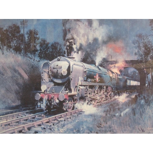 1311 - TERENCE CUNEO - NIGHTIME EXPRESS 35027, COLOURED PRINT, F/G, SIGNED IN PENCIL, 50CM X 60CM