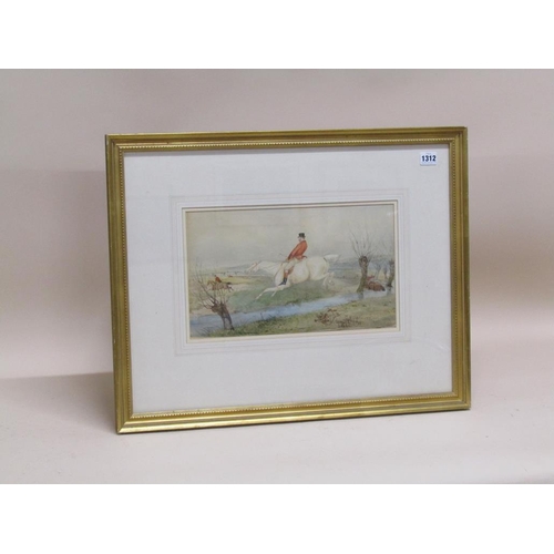 1312 - 19C WATERCOLOUR, HUNTSMAN JUMPING A STREAM, F/G, 22CM X 37CM
