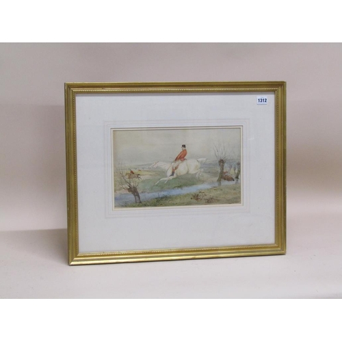 1312 - 19C WATERCOLOUR, HUNTSMAN JUMPING A STREAM, F/G, 22CM X 37CM