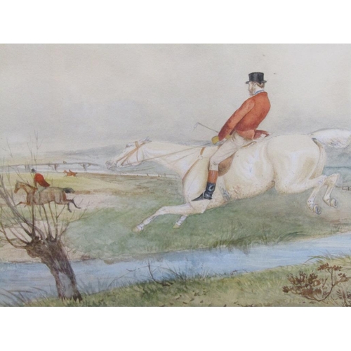 1312 - 19C WATERCOLOUR, HUNTSMAN JUMPING A STREAM, F/G, 22CM X 37CM