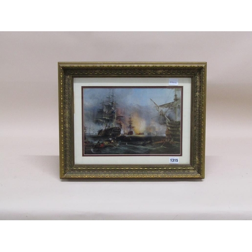 1315 - F/G COLOURED PRINT - TRAFALGAR BATTLE SCENE, 24CM X 32CM