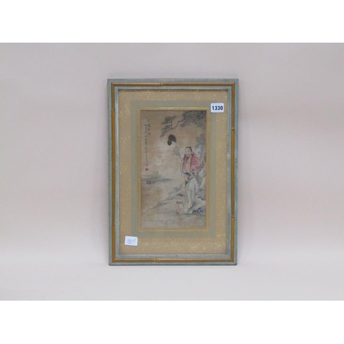 1330 - LATE 19C/EARLY 20C ORIENTAL WATERCOLOUR WITH SCRIPT, 30CM X 16CM