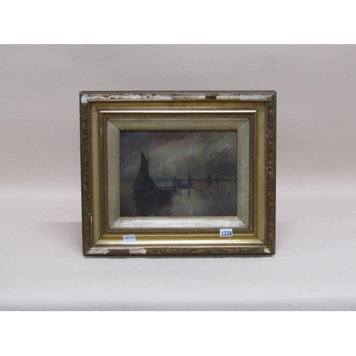 1336 - S BERHARD - SAILING SHIPS AT ANCHOR, SIGNED OIL ON CANVAS, FRAMED, 22CM X 30CM