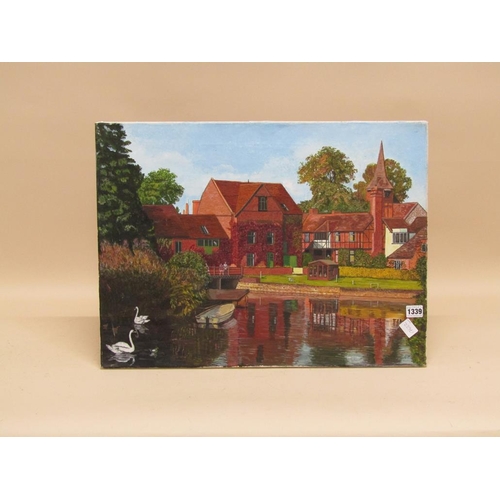 1339 - J MAYNARD - TWO OILS - RIVERSIDE SCENE & MANSION, UNFRAMED, 46CM X 62CM