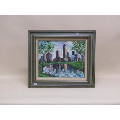 1344 - UNSIGNED CONTEMPORARY OIL ON BOARD - CONTINENTAL BUILDINGS , FRAMED, 40CM X 50CM