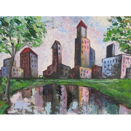 1344 - UNSIGNED CONTEMPORARY OIL ON BOARD - CONTINENTAL BUILDINGS , FRAMED, 40CM X 50CM