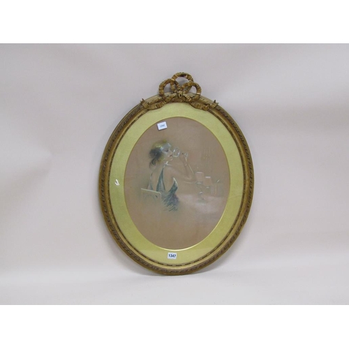 1347 - SIGNED INDISTINCTLY EARLY 20C - LADY DRINKING A COCKTAIL, OVAL FRAMED WATERCOLOUR, 48CM X 38CM