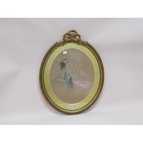 1347 - SIGNED INDISTINCTLY EARLY 20C - LADY DRINKING A COCKTAIL, OVAL FRAMED WATERCOLOUR, 48CM X 38CM