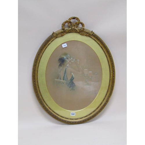 1347 - SIGNED INDISTINCTLY EARLY 20C - LADY DRINKING A COCKTAIL, OVAL FRAMED WATERCOLOUR, 48CM X 38CM