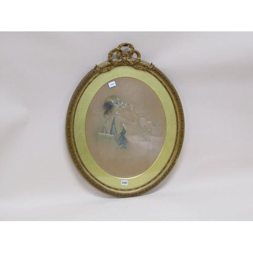 1347 - SIGNED INDISTINCTLY EARLY 20C - LADY DRINKING A COCKTAIL, OVAL FRAMED WATERCOLOUR, 48CM X 38CM