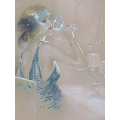 1347 - SIGNED INDISTINCTLY EARLY 20C - LADY DRINKING A COCKTAIL, OVAL FRAMED WATERCOLOUR, 48CM X 38CM