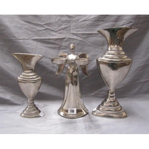 10 - METAL VASES; ANGEL CANDELABRA