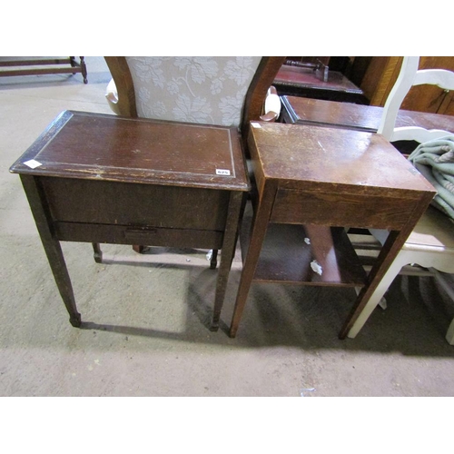 625 - SEWING BOX AND AN OAK TWO TIER TABLE