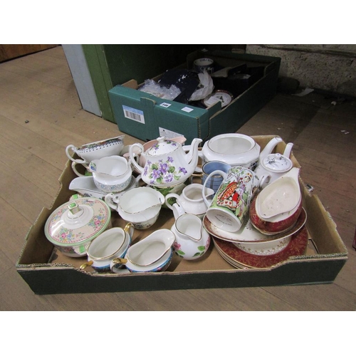 345 - BOX OF TEAWARES - TEAPOTS, CREAMERS