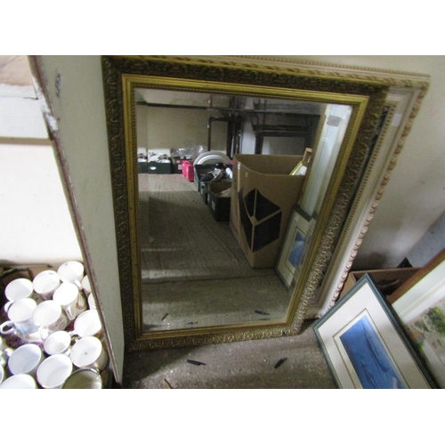 399 - QTY OF FRAMED PRINTS; GILT FRAMED BEVEL EDGE WALL MIRROR