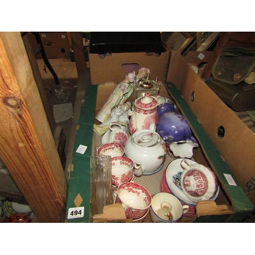 494 - BOX OF MIXED CERAMICS - TEAWARES, CONTINENTAL FIGURINES ETC