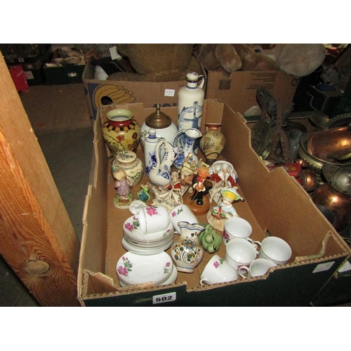 502 - BOX OF MIXED CERAMICS, FIGURINES, ORNAMENTS ETC