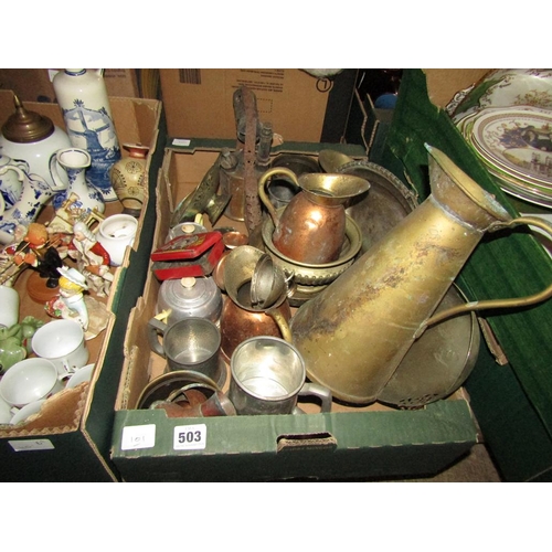 503 - BOX OF MIXED METALWARE - BLOW TORCH, COPPER AND BRASS