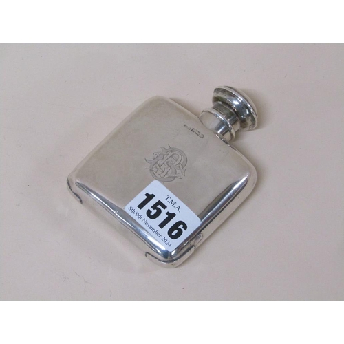 1516 - SMALL SILVER POCKET FLASK, REPAIRS TO CORNERS AND LIDS 2.5ozt - DATED BIRMINGHAM 1914