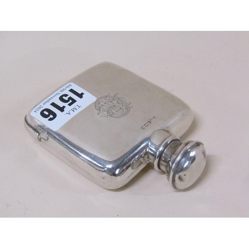 1516 - SMALL SILVER POCKET FLASK, REPAIRS TO CORNERS AND LIDS 2.5ozt - DATED BIRMINGHAM 1914