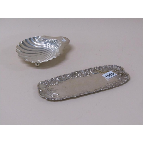 1520 - SILVER SHELL BUTTER DISH AND AN ART NOUVEAU DECORATED SILVER PIN TRAY 5.5ozt