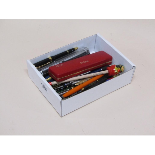 1567 - BOX OF MIXED PENS, PENCILS ETC