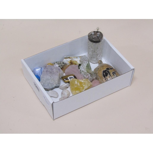 1583 - BOX OF STONES, QUARTZ ETC AND SILVER TOPPED PIN POT