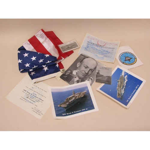 1584 - AMERICAN FLAG, MILITARY BADGES AND USS EISENHOWER EPHEMERA