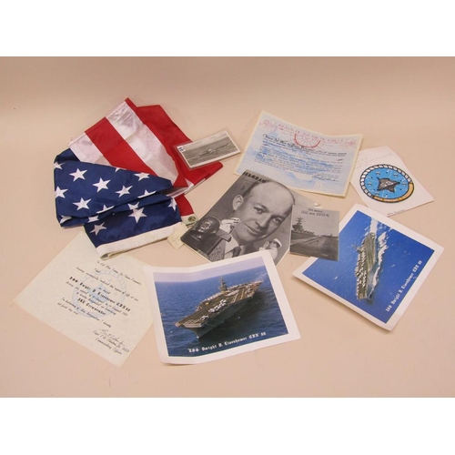 1584 - AMERICAN FLAG, MILITARY BADGES AND USS EISENHOWER EPHEMERA