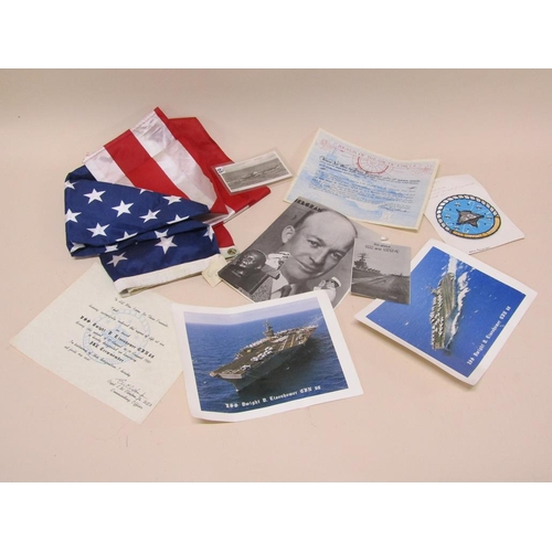 1584 - AMERICAN FLAG, MILITARY BADGES AND USS EISENHOWER EPHEMERA