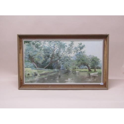1102 - OLIVE WALKER - RIVERSCAPE, SIGNED IN MONO, FRAMED, OIL ON CANVAS, 50CM X 90CM