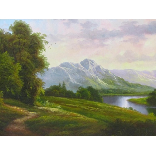 1108 - A G KURTIS - EUROPEAN RIVERSCAPE WITH MOUNTAINS, SIGNED OIL ON CANVAS, FRAMED, 50CM X 75CM