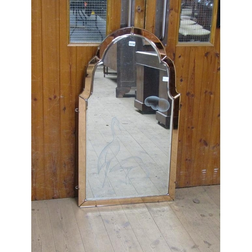 1114 - WALL MIRROR WITH ETCHED DECORATION OF STORKS WITH COLOURED GLASS FRAME, 99CM X 56CM