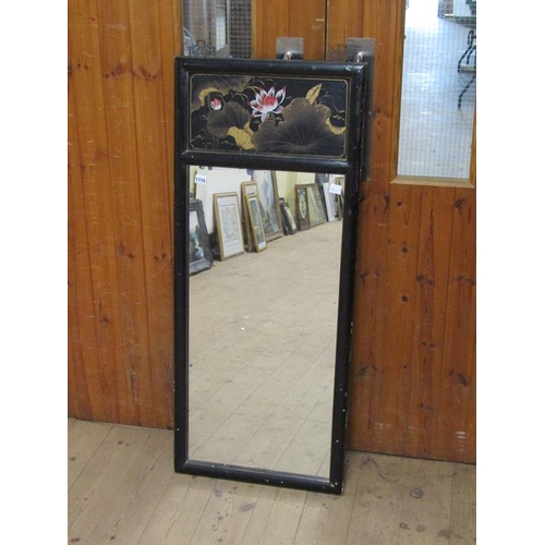 1115 - ORIENTAL BLACK LACQUERED WALL MIRROR WITH PAINTED PANEL, 124CM X 81CM