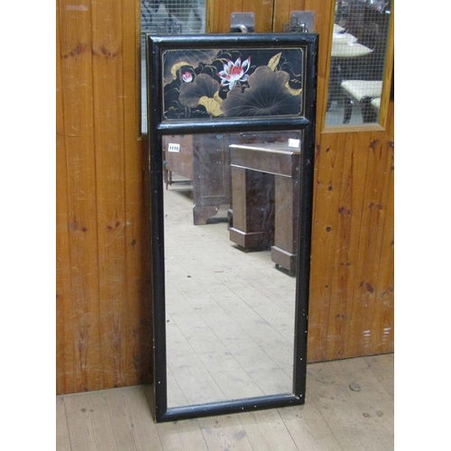 1115 - ORIENTAL BLACK LACQUERED WALL MIRROR WITH PAINTED PANEL, 124CM X 81CM