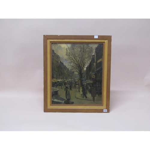 1121 - HAL WOOLF - EARLY 20C EUROPEAN STREET SCENE, SIGNED OIL ON BOARD, FRAMED, 54CM X 45CM