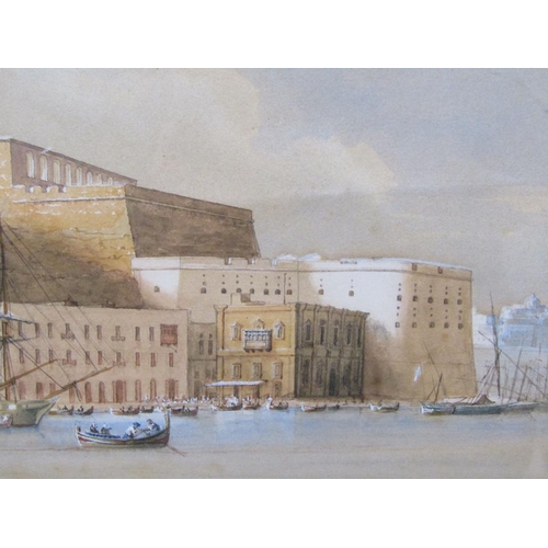 1124 - UNSIGNED 19C - GRAND HARBOUR BALETTA, MALTA, WATERCOLOUR, F/G, 16CM X 21CM