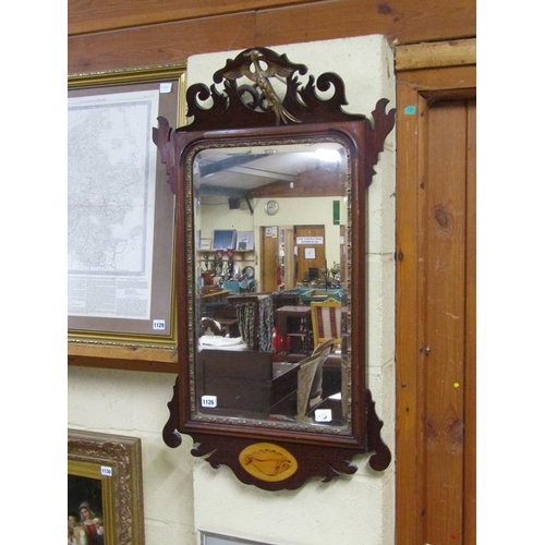 1126 - WILLIAM & MARY STYLE FRET CUT WALL MIRROR WITH GRIFFIN MOUNT AND SHELL INLAY, 90CM X 52CM