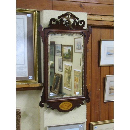 1126 - WILLIAM & MARY STYLE FRET CUT WALL MIRROR WITH GRIFFIN MOUNT AND SHELL INLAY, 90CM X 52CM