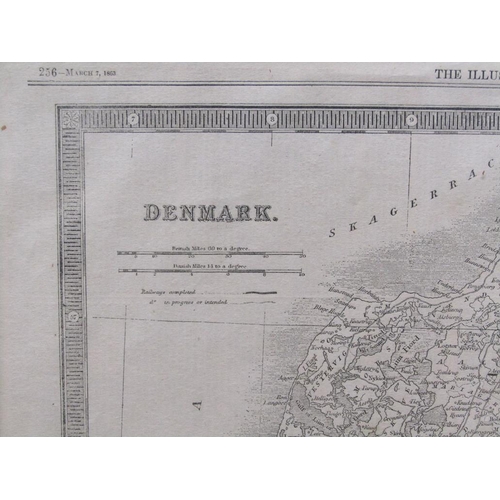 1129 - FRAMED MAP EXTRACT OF DENMARK, F/G, 55CM X 38CM