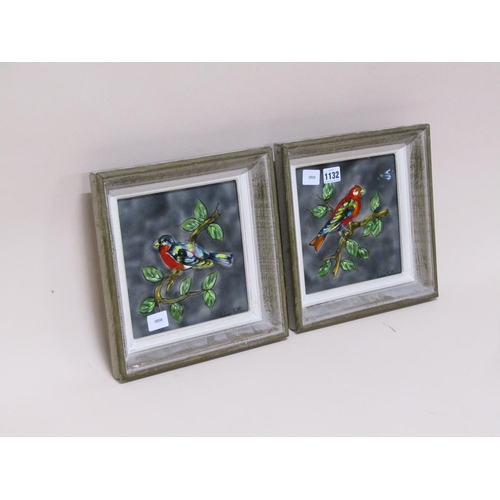 1132 - PAIR OF FRAMED TILE PAINTINGS - BIRDS ON BRANCHES, 19CM X 19CM